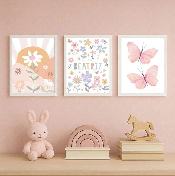 Kit 3 Quadros Infantil Menina Flores Jardim e Borboletas
