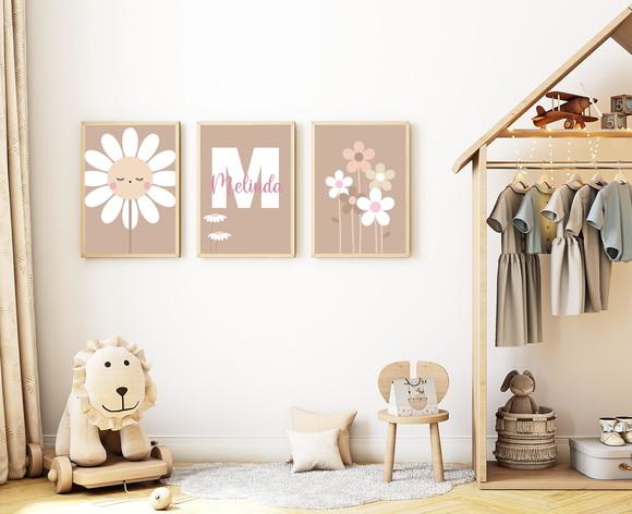 Kit 3 Quadros Infantil Margaridas e Nome Personalizado A3