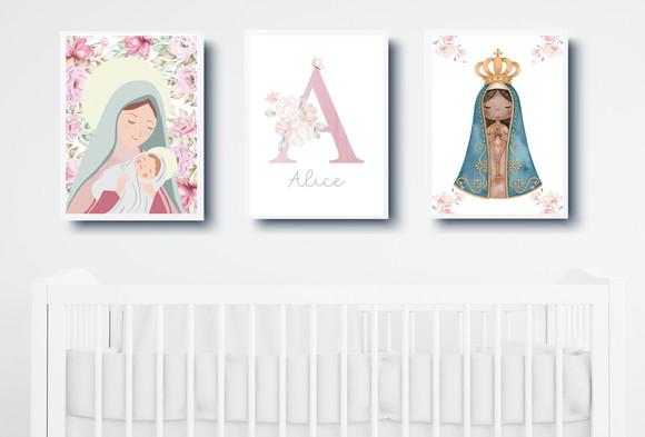 Kit 3 Quadros Infantil Nossa Senhora e Nome Florais A3