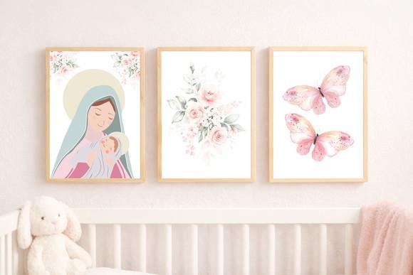 Kit 3 Quadros Infantil Nossa Senhora Flores e Borboletas A3