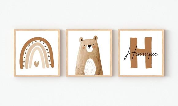 Kit 3 Quadros Infantil Urso Floresta Arco Íris e Nome