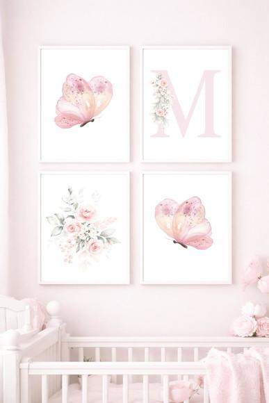 Kit 4 Quadros Infantil Inicial Floral e Borboletas A3