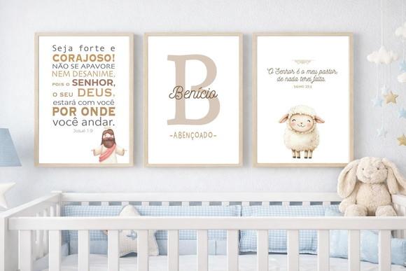 Kit 3 Quadros Ovelha Salmo 23 e Seja Forte e Corajoso