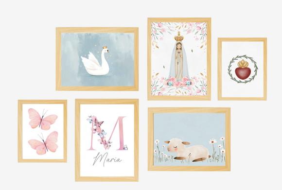 Kit 6 Quadros Infantil Nossa Senhora Ovelha Borboletas Nome