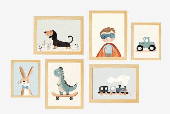 Kit 6 Quadros Infantil Menino Cachorro Dino e Trem