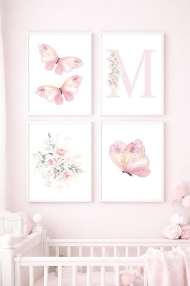 Kit 4 Quadros Infantil Inicial Floral e Borboletas A3