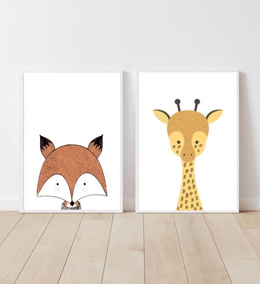 Kit c 2 Quadros Infantil Raposa e Girafa A3