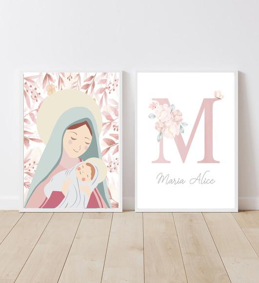 Kit c 2 Quadros Infantil Nossa Senhora e Nome Floral A3