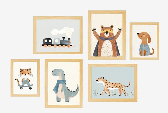 Kit 6 Quadros Infantil Urso Cachorro Dino Tigre e Trem