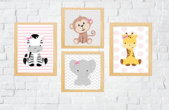 Kit Quadros Bebê Menina Animais Safari