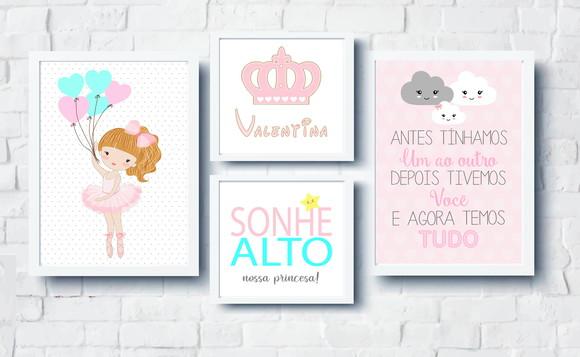 Kit Quadros Bebê Menina Bailarina Coroa Nome e Nuvens