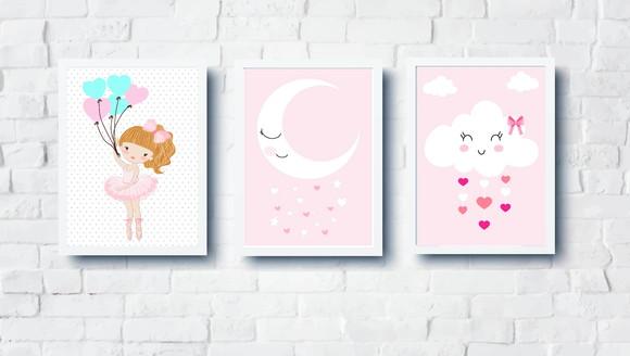 Kit Quadros Bebê Menina Bailarina Lua e Nuvem A4