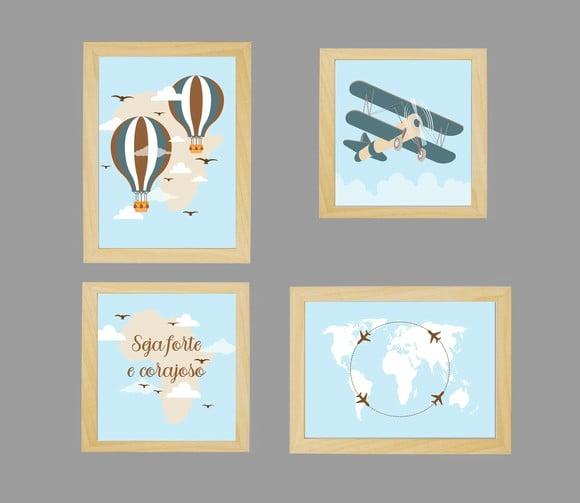 Kit Quadros Bebê Menino Aviador Mapa Mundi