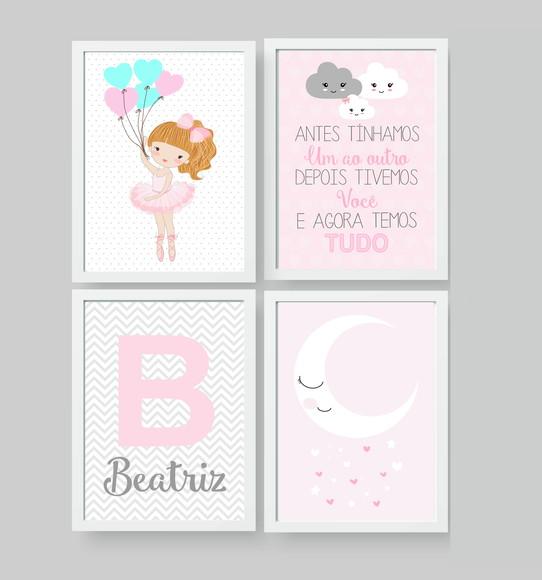 Kit Quadros Bebê Menina Bailarina Lua Nuvens Família A4