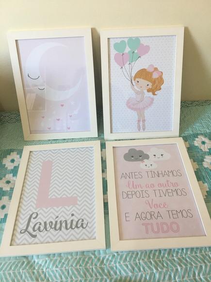 Kit Quadros Bebê Menina Bailarina Lua Nuvens Família A4