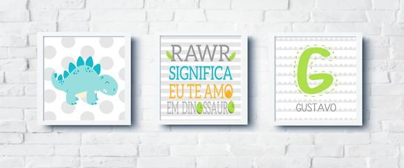 Kit Quadros Bebê Menino Dinossauro Nome