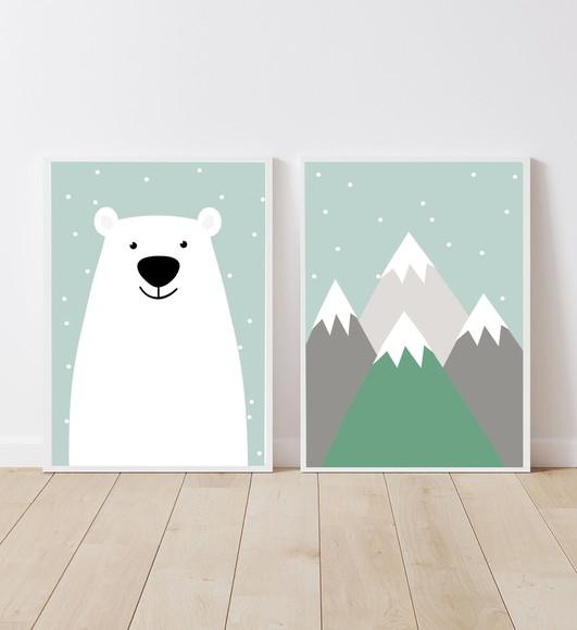 Kit Quadros Bebê Menino Urso Polar e Montanhas A4