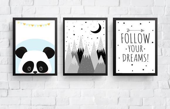 Kit Quadros Bebê Menino Urso Panda Montanhas e Follow