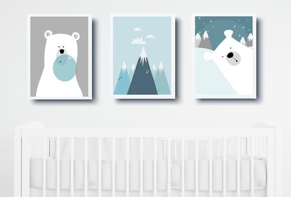Kit Quadros Bebê Menino Ursos Polares e Montanhas A4