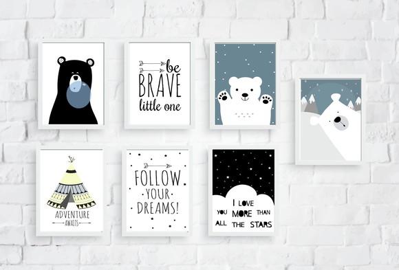 Kit Quadros Bebê Menino Ursos Polares Cabana Be Brave A4