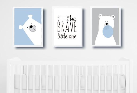 Kit Quadros Bebê Menino Ursos Polares e Be Brave A4