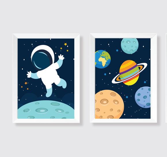 Kit Quadros Decoração Bebê Astronauta e Planetas