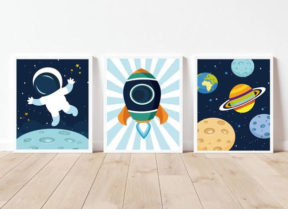 Kit Quadros Decoração Infantil Astronauta e Planetas A3