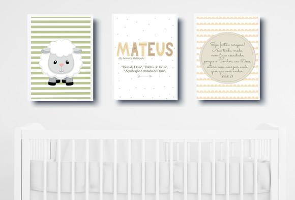 Kit Quadros Decoração Bebê Ovelha Versículo e Nome