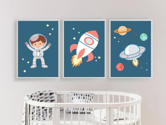 Kit Quadros Decoração Infantil Astronauta Foguete e Nave A3