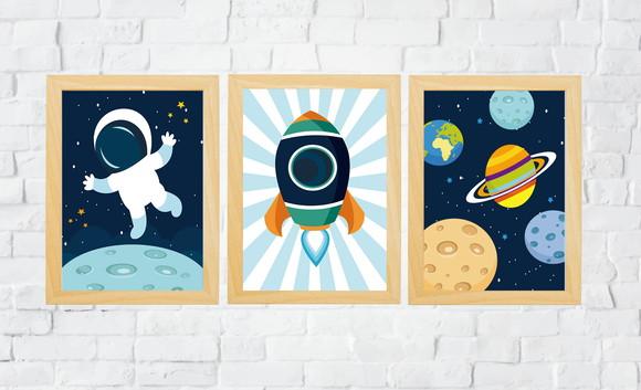 Kit Quadros Decoração Infantil Astronauta Foguete e Planetas