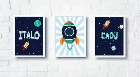 Kit Quadros Decoração Infantil Nomes Foguete