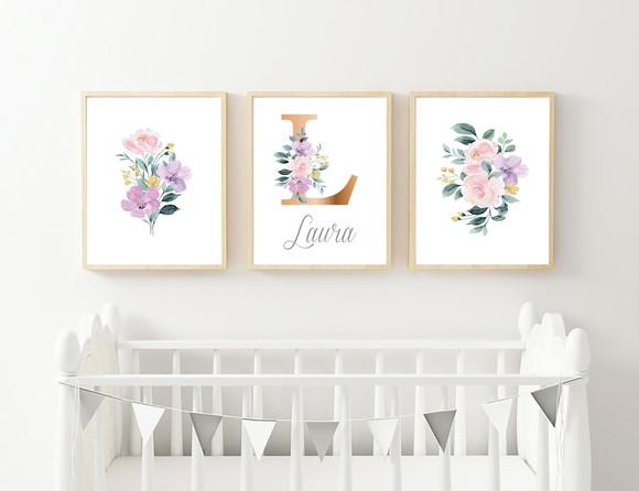 Kit Quadros Decoração Menina Nome Floral Aquarela A3