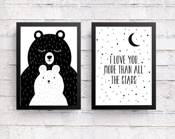 Kit Quadros Escandinavo Mamãe Urso e I love You