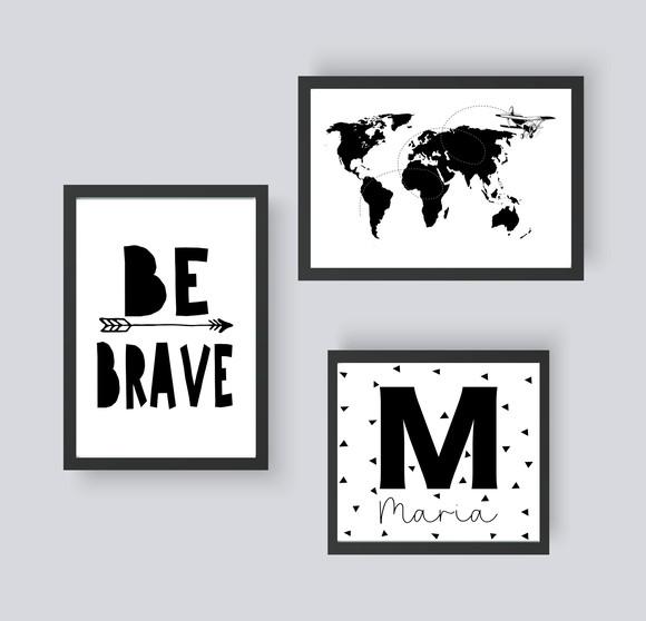 Kit Quadros Escandinavo Be Brave Mapa Avião e Nome