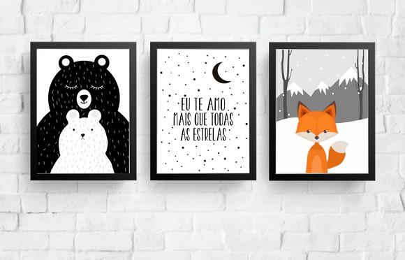 Kit Quadros Escandinavo Mamãe Urso I love You Raposa