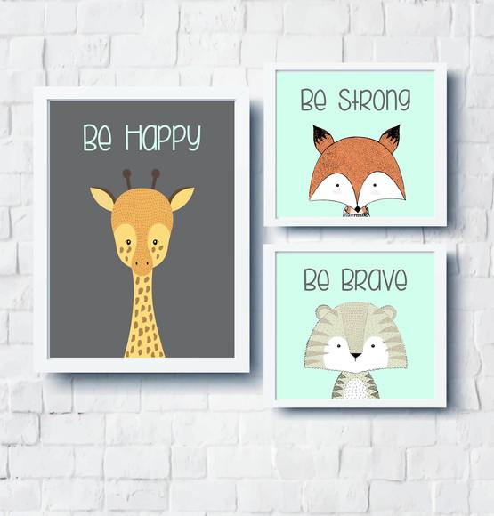Kit Quadros Girafa Be Happy Raposa Tigre