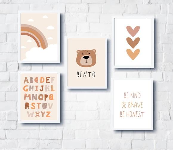 Kit Quadros Infantil Alfabeto Arco Íris Urso e Be Brave A4