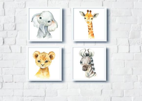 Kit Quadros Infantil Animais Safari Baby Aquarela