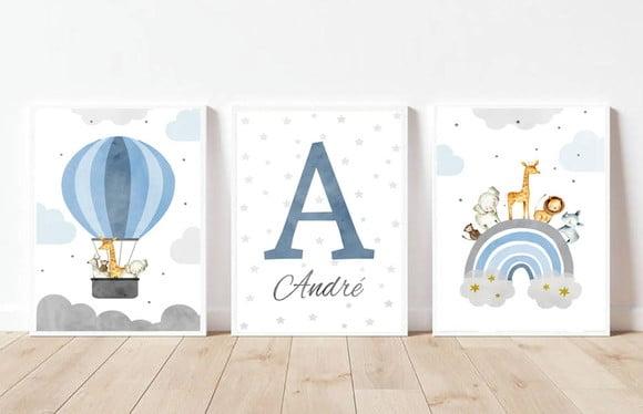 Kit Quadros Infantil Animais Safari Balão Aquarela Azul A4