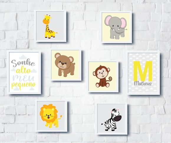 Kit Quadros Infantil Animais Safari Nome Sonhe Alto