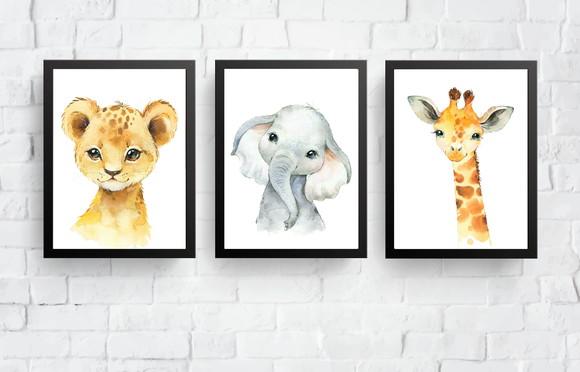 Kit Quadros Infantil Animais Safari Leão Elefante e Girafa