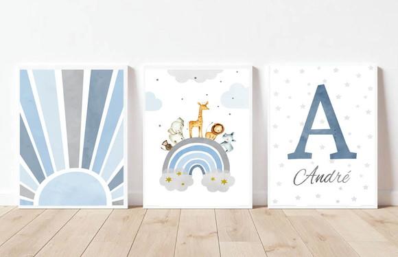 Kit Quadros Infantil Animais Safari Sol Arco Íris Aquarela