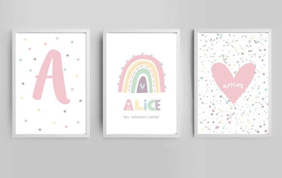 Kit Quadros Infantil Arco Íris Candy Nome e Coração A3