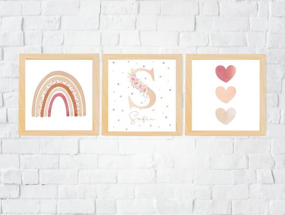 Kit Quadros Infantil Arco Íris Corações e Nome Personalizado