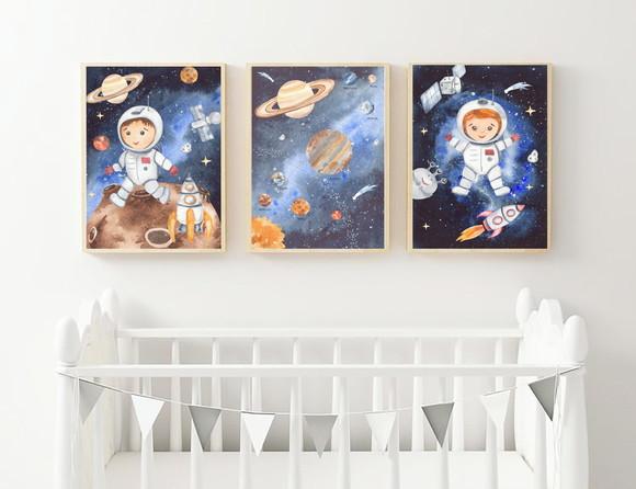 Kit Quadros Infantil Astronautas Foguete e Planetas Aquarela