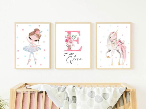 Kit Quadros Infantil Bailarina Unicórnio e Nome Aquarela A4