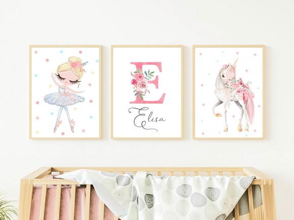 Kit Quadros Infantil Bailarina Unicórnio e Nome Aquarela A4