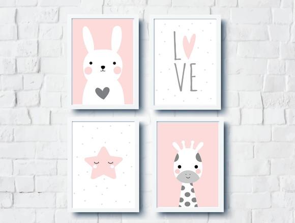 Kit Quadros Infantil Coelha Girafa Estrela Love A4