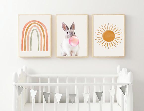 Kit Quadros Infantil Coelho Chiclete Arco Íris e Sol Boho