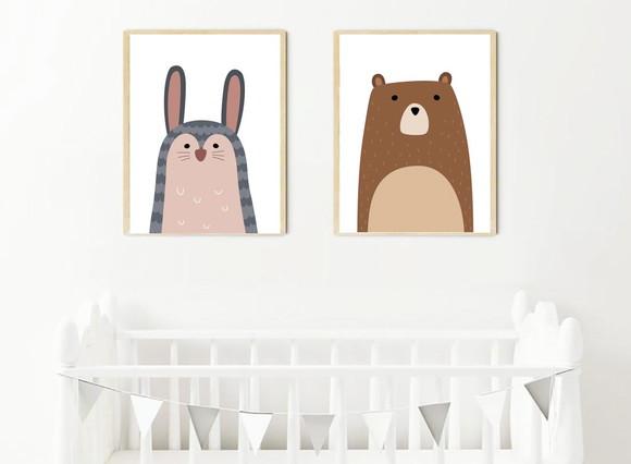 Kit Quadros Infantil Coelho e Urso Floresta A3
